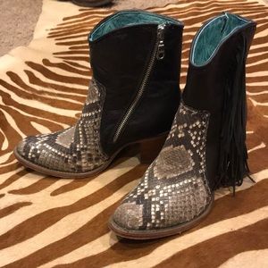 Corral fringe snake skin and black bootie boot